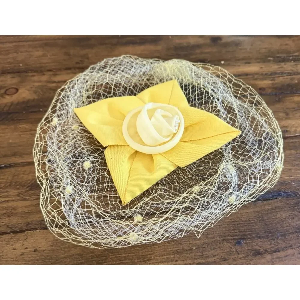 Yellow Birdcage Fascinator Veil Hat Netting Head Covering Bow Trim Vintage 1960s